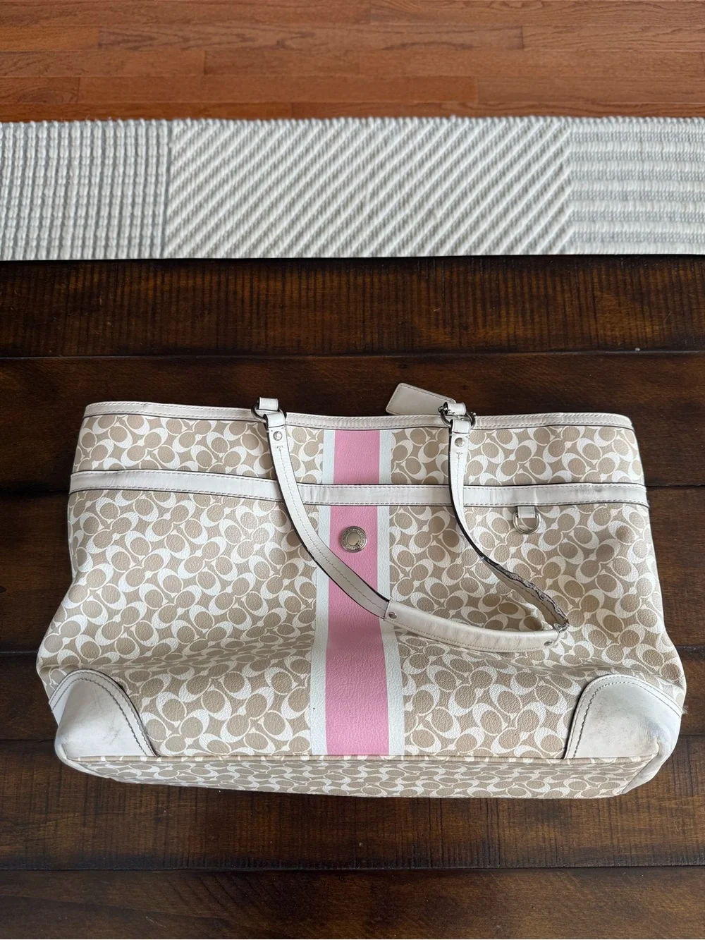 Coach Beige Tote with Pink Center Stripe